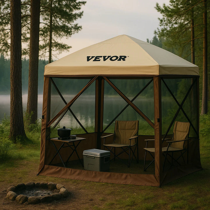VEVOR 12x12ft Pop-Up Gazebo Tent with Mesh Sides – Outdoor Shade Shelter (Brown/Beige)