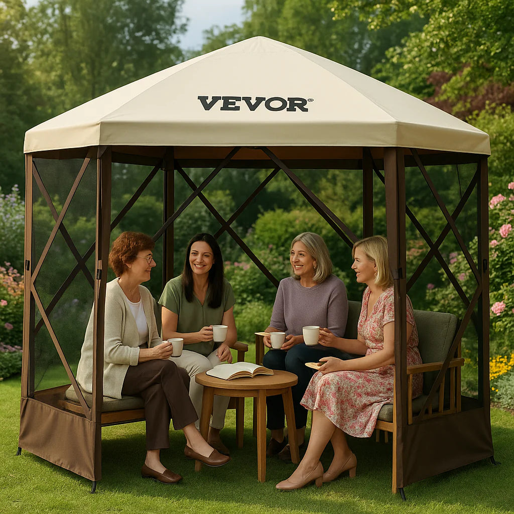 VEVOR 12x12ft Pop-Up Gazebo Tent with Mesh Sides – Outdoor Shade Shelter (Brown/Beige)