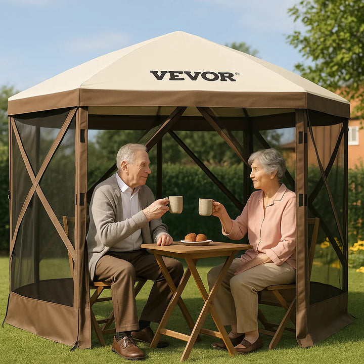 VEVOR 12x12ft Pop-Up Gazebo Tent with Mesh Sides – Outdoor Shade Shelter (Brown/Beige)