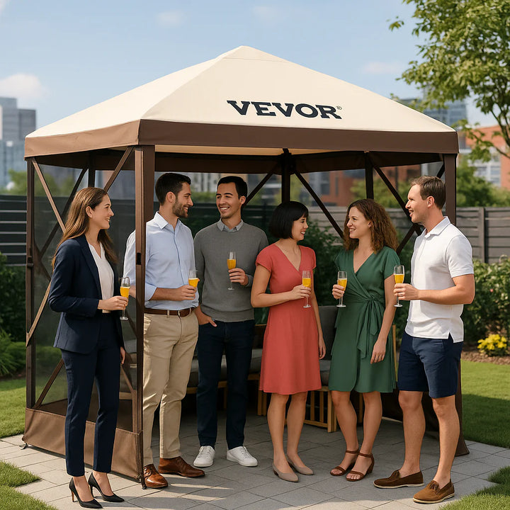 VEVOR 12x12ft Pop-Up Gazebo Tent with Mesh Sides – Outdoor Shade Shelter (Brown/Beige)