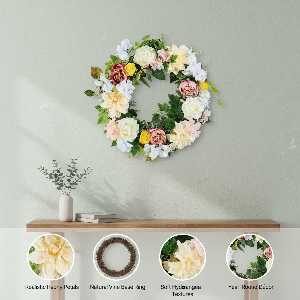 24″ White Pink Yellow Peonies & Hydrangeas Wreath – Year-Round Door Decor | Trufairs