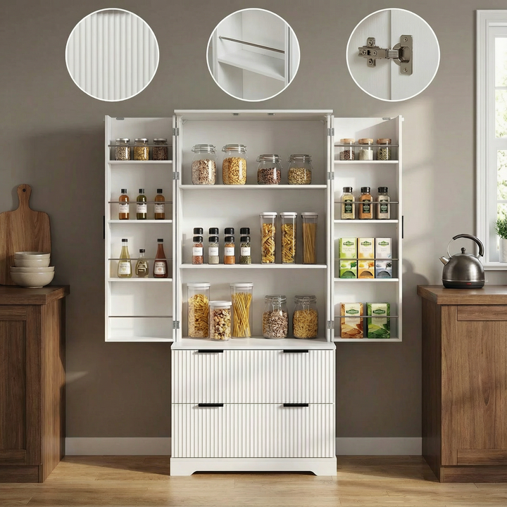 72" Modern Fluted Kitchen Pantry Cabinet with 2 Large Drawers & 8-Door Spice Rack, Freestanding Storage Organizer for Bathroom, Dining Room, Office, Entryway, White