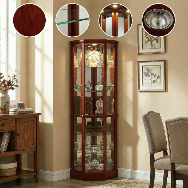 6 Shelf Lighted Corner Curio Cabinet with Adjustable Tempered Glass Shelves and Mirror Back, Cherry(E26 light bulb not included)