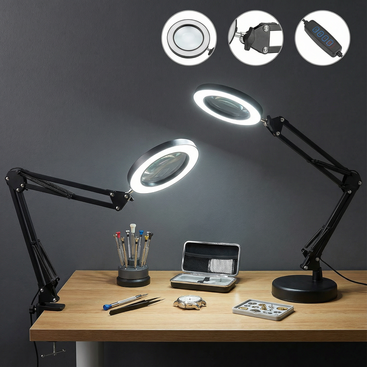 2-in-1 LED Magnifier Desk Lamp 8x with Light, Clamp Stand, Swing Arm, USB Reading Lamp. 10 Brightness, 3 Modes