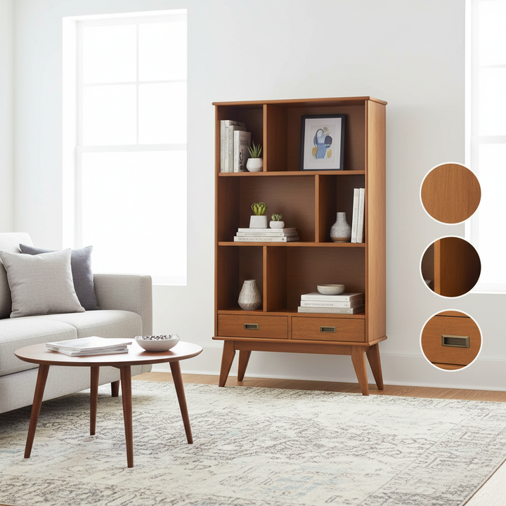 Draper - Mid Century Wide Bookcase and Storage Unit - Teak Brown