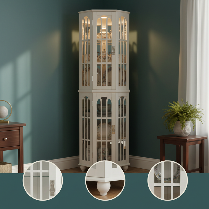 Corner Curio Cabinet with 4 Adjustable Tempered Glass Shelves and Lighting System, Solid Wood Legs,Acrylic Mirrored Back Panel(E26 light bulb not included)