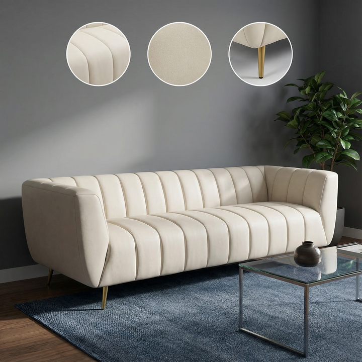 LaMattina Genuine Italian Beige Leather Channel Tufted Sofa