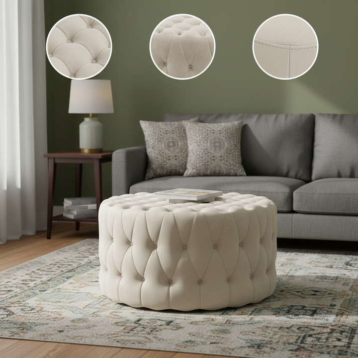 HOMCOM Round Ottoman Velvet-Feel Upholstered Foot Stool, Button Tufted Design and Padded Seat for Living Room, Entryway, Beige