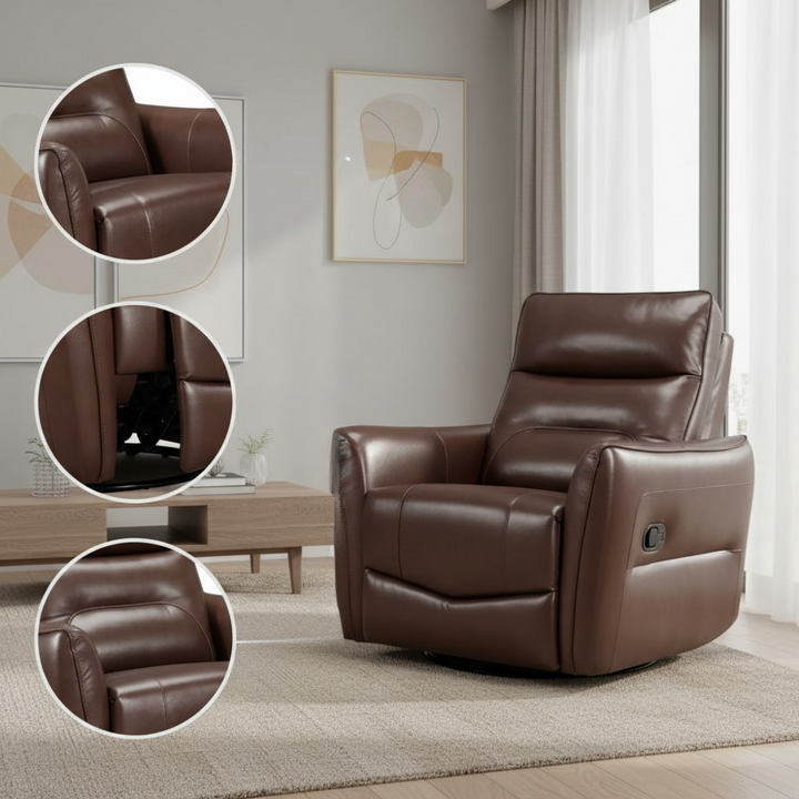 1pc Recliner Chair with Swivel Motion Luxurious Comfort Brown Leather Upholstered Solid Wood Living Room Furniture