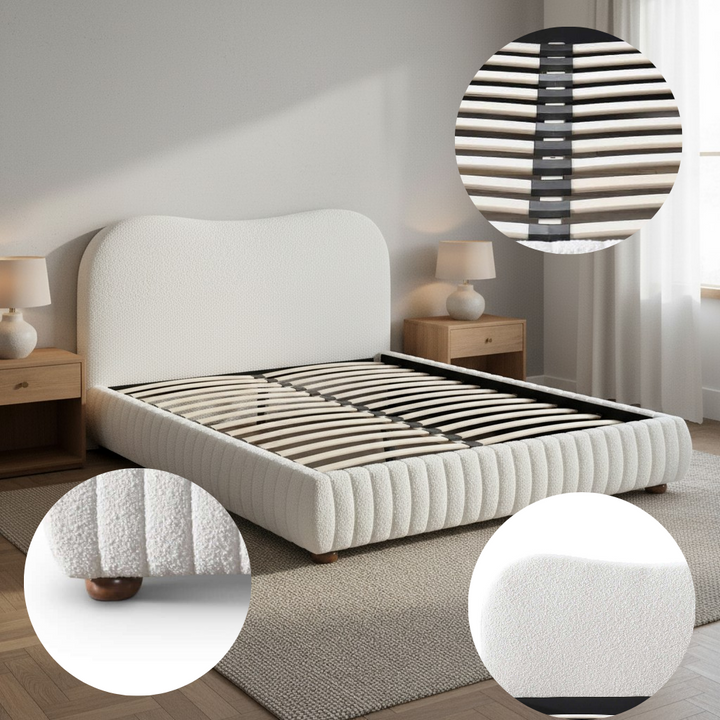 Norme Boucle Upholstered Low Profile Queen Size Platform Bed In Cream