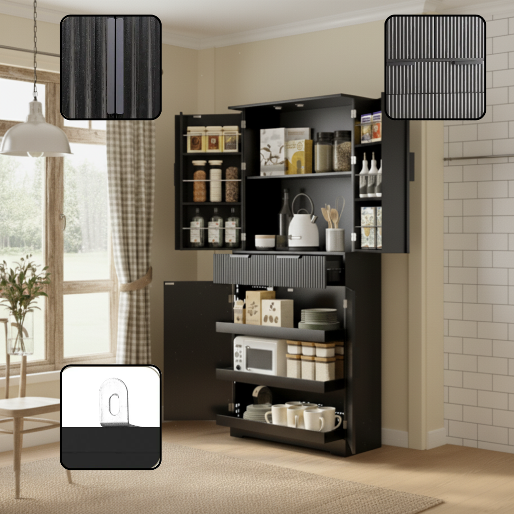 72" Fluted Kitchen Pantry Cabinet with 3 Keyboard Drawers & 6 Door Shelves Adjustable, Freestanding Cupboard Storage Cabinet for for Bathroom Diningroom, Office, Entryway, Black