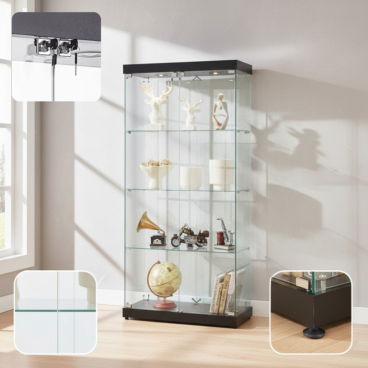 4-Tier Glass Display Cabinet, Double Door Glass Cabinet, Four Partitions, Two Locks, Floor Standing Storage Cabinet for Living Room, Bedroom, Showroom and Office, Black, 31.5"L x 14.2"W x 66.3"H