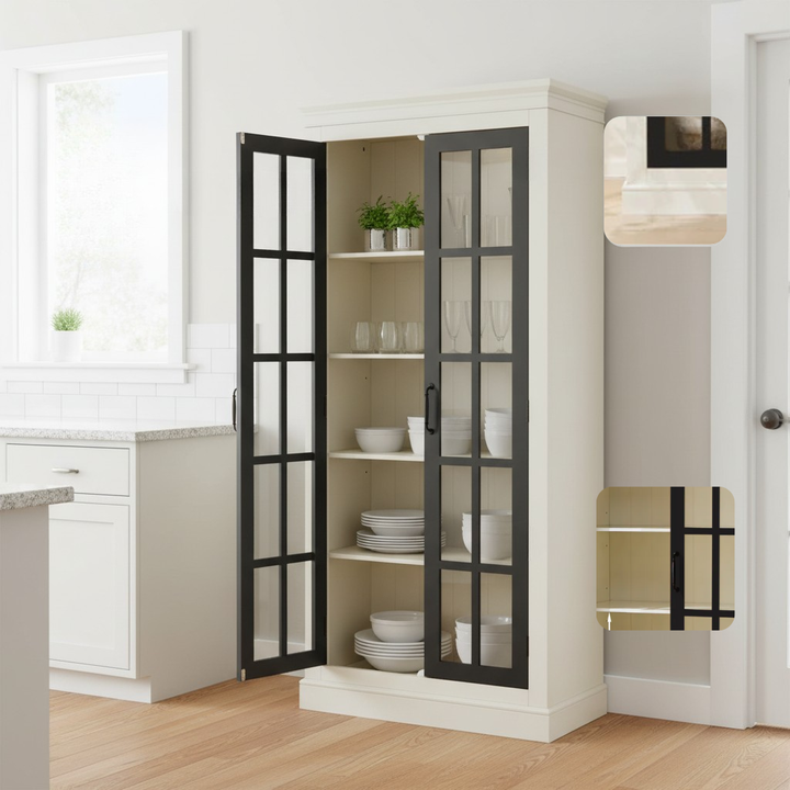 71.2'' Freestanding Pantry Cabinet with Glass Door, Farmhouse Display Cabinets with Storage, Curio Cabinet with Lattice Window for Hallways, Livingroom Kitchen & Office, White & Black