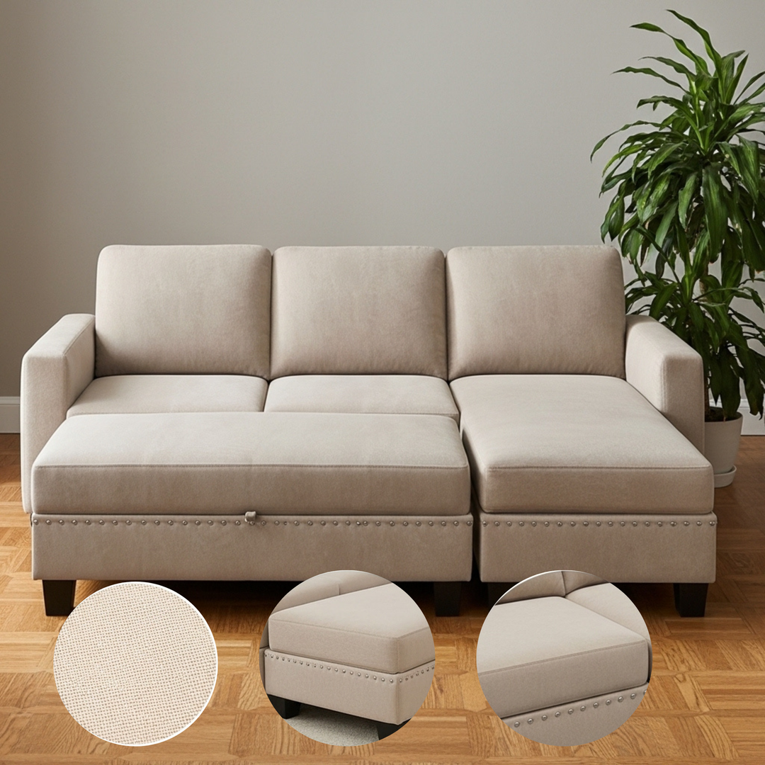 81"Reversible Sectional Couch with Storage Ottoman L-Shaped Sofa,Sectional Sofa with Chaise,Nailheaded Textured Fabric 3 pieces Sofa Set,Warm Grey