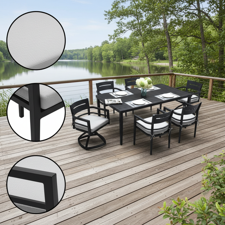 7-Piece Outdoor Patio Aluminum Furniture, Modern Dining Set, including 4 Dining Chairs & 2 Swivel Rockers Sunbrella Fabric Cushioned and Rectangle Dining Table with Umbrella Hole, Ember Black
