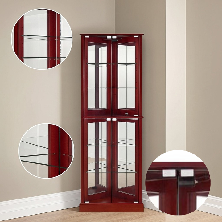 Corner Curio Dispaly Cabinet with Lights, Adjustable Tempered Glass Shelves, Mirrored Back,Cherry(E26 light bulb not included)