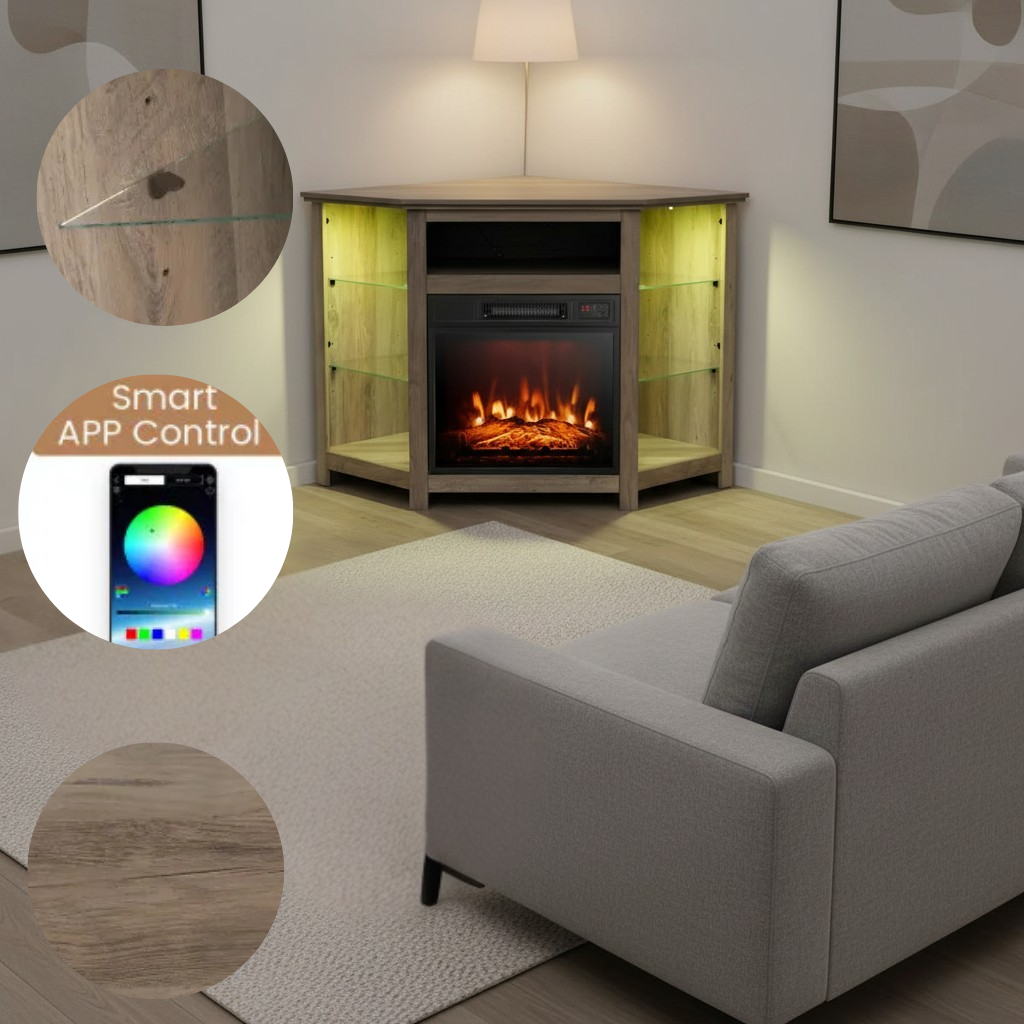 Fireplace Corner TV Stand with LED Lights and Smart APP Control for 50 Inches TV