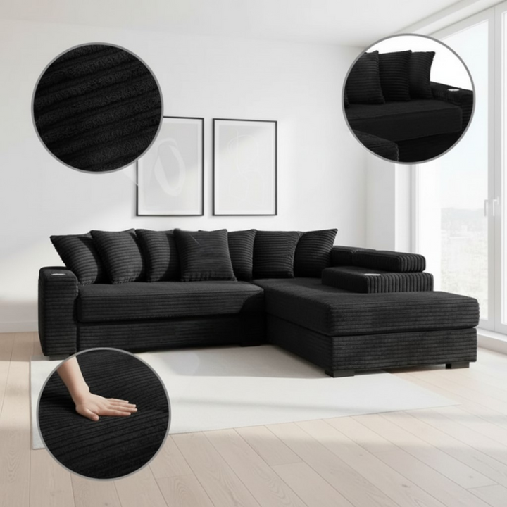 111.4 " Black corduroy sofa, armrest with cup holder and storage function, recliner can be changed left and right, suitable for living room bedroom lounge area