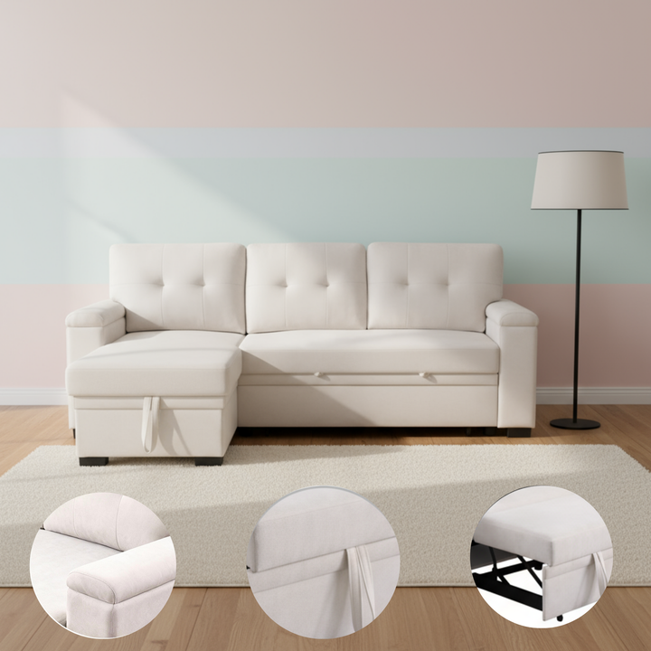 Premium Beige Woven Fabric Reversible Sleeper Sectional with Storage Chaise - Multi-Functional Living Room Furniture Set