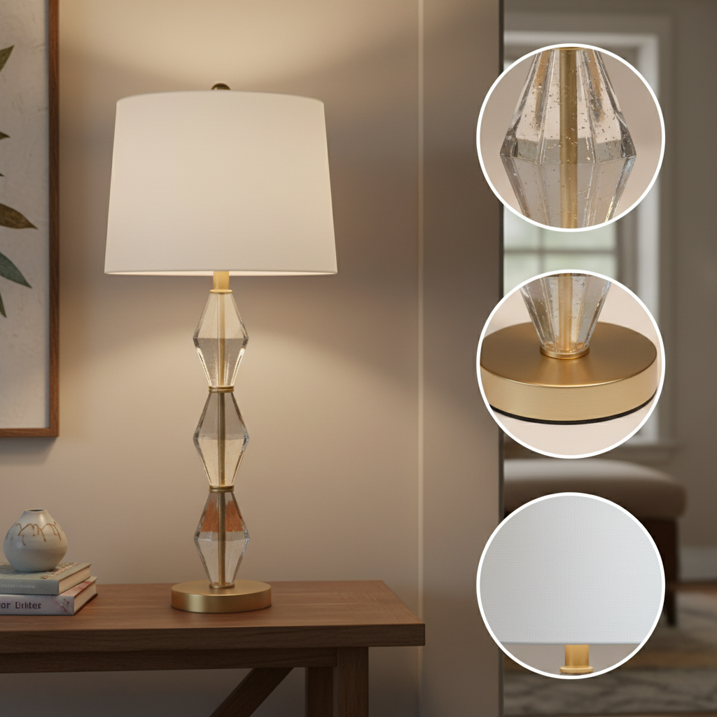 29.5" In Emil Moderne Geometric Light Amber Textured Glass Brushed Gold Table Lamp