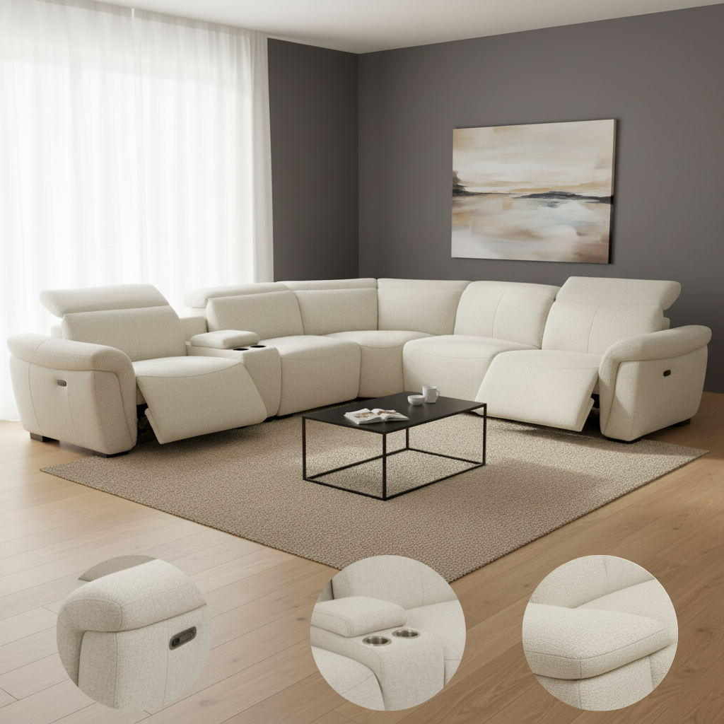Boucle Power Recliner Sectional Sofa for 5 People with Cupholder Console & Adjustable Headrest