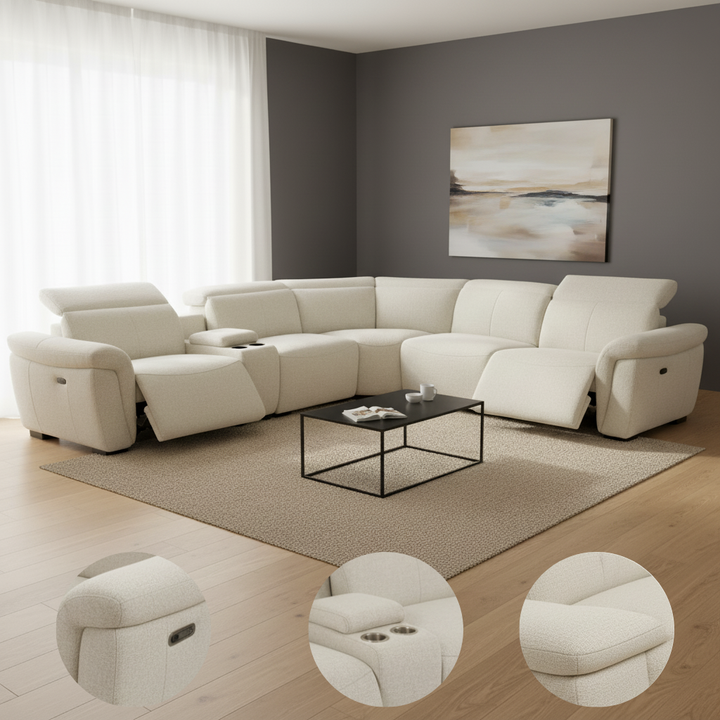 Boucle Power Recliner Sectional Sofa for 5 People with Cupholder Console & Adjustable Headrest