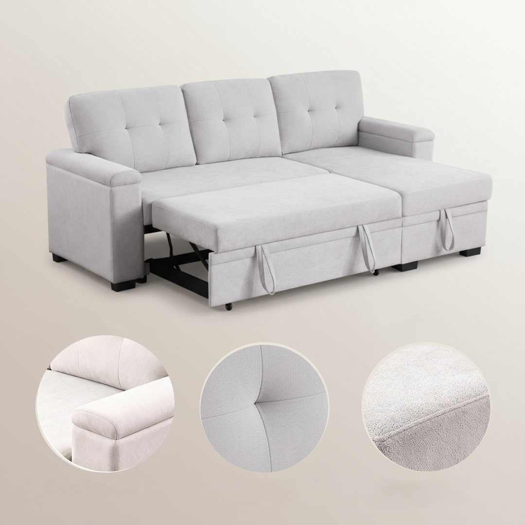 Premium Reversible Sleeper Sectional Sofa with Storage Chaise - Light Gray Woven Fabric Multi-Functional Living Room Furniture