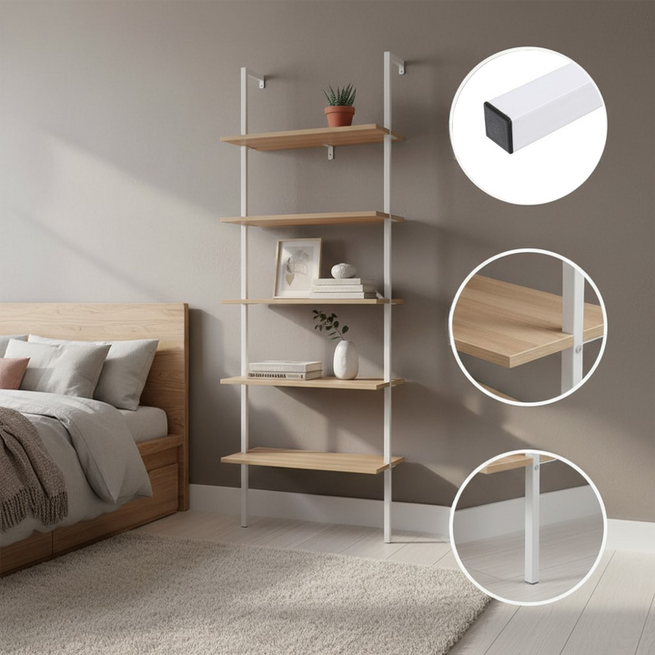 5-Shelf Wood Ladder Bookcase with Metal Frame Industrial 5-Tier Modern Ladder Shelf