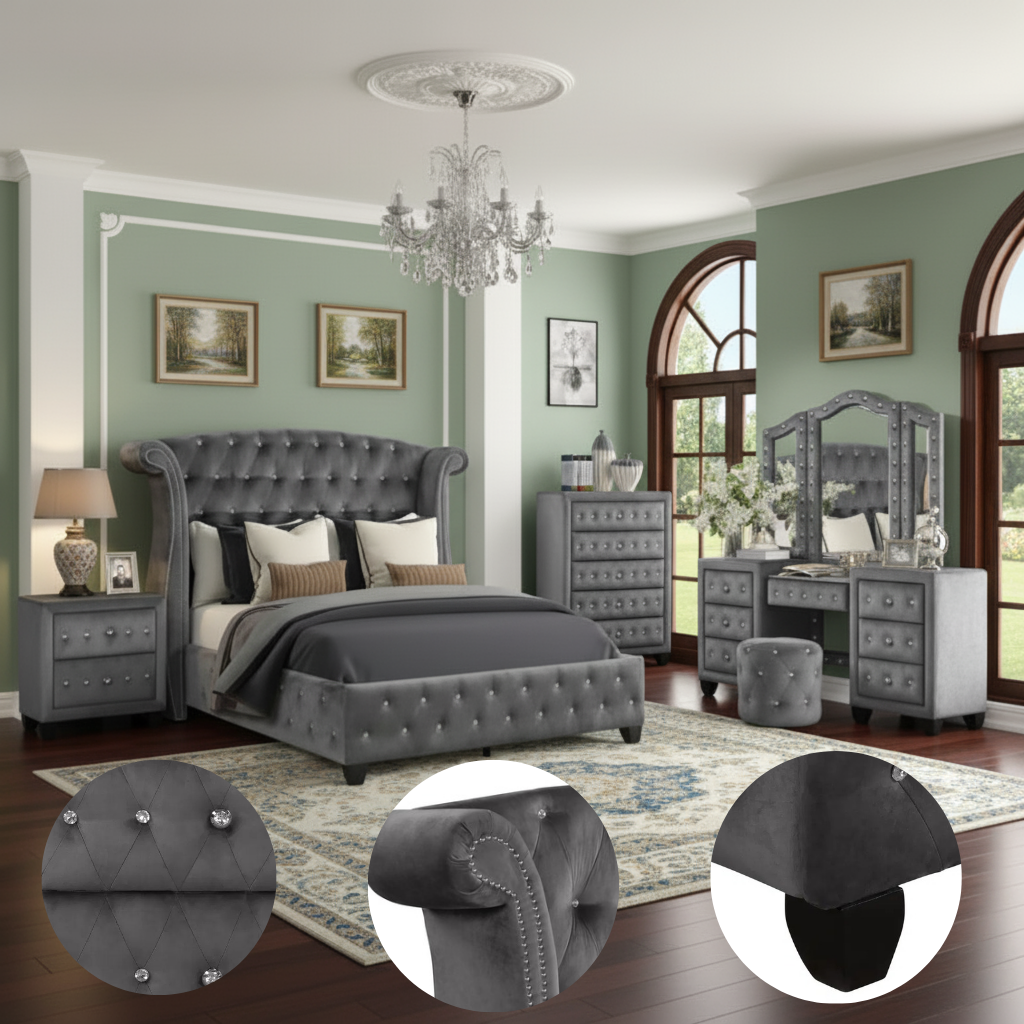 Sophia Queen 5 Pc Vanity Upholstery Bedroom Set Made With Wood in Gray