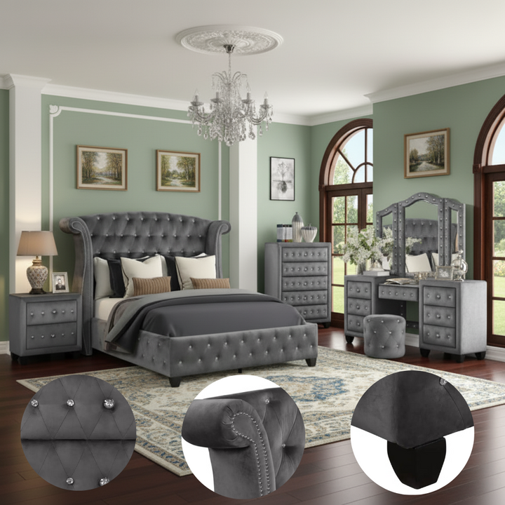 Sophia Queen 5 Pc Vanity Upholstery Bedroom Set Made With Wood in Gray