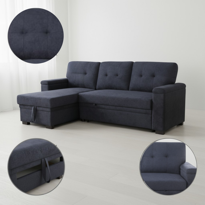Premium Dark Gray Woven Fabric Reversible Sleeper Sectional with Storage Chaise - Multi-Functional Living Room Furniture