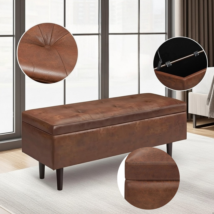 Shay - Mid Century Rectangular Storage Ottoman - Distressed Saddle Brown