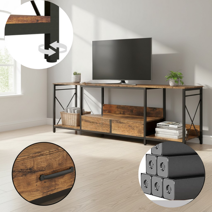 TV Stand with LED Lights Power Outlets - TV Stand with Fabric Drawers for 65 70 75 Inches TV - Entertainment Center and Industrial TV Console Table with Open Storage Shelves for Living Room, Bedroom