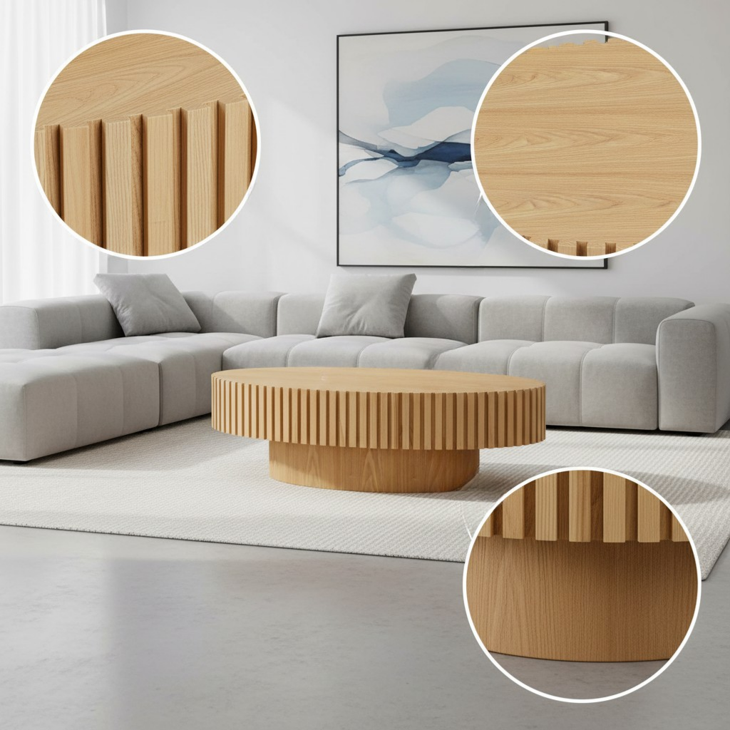 Modern Handcraft Drum Coffee Table Length 43.7 inch Ellipse Coffee Table for Living Room,Oval Small Coffee Table with Sturdy Pedestal