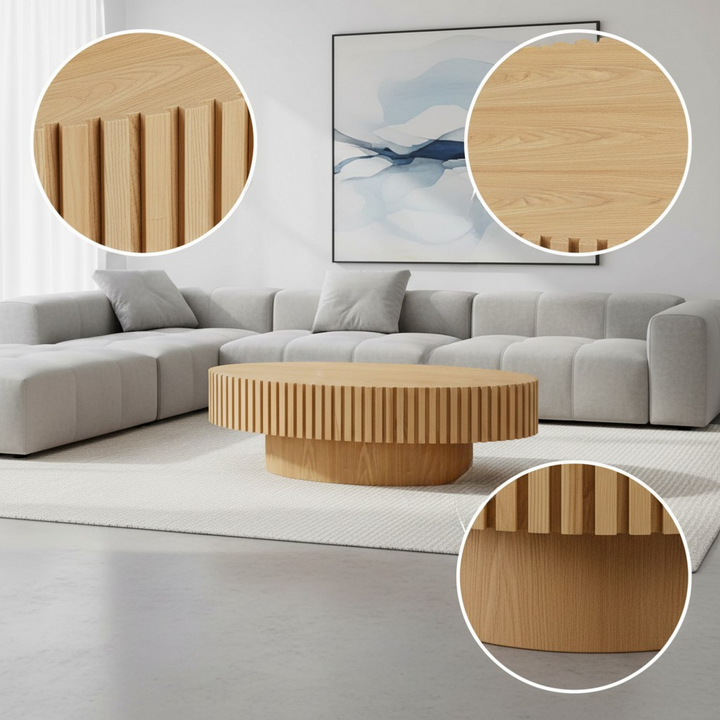 Modern Handcraft Drum Coffee Table Length 43.7 inch Ellipse Coffee Table for Living Room,Oval Small Coffee Table with Sturdy Pedestal