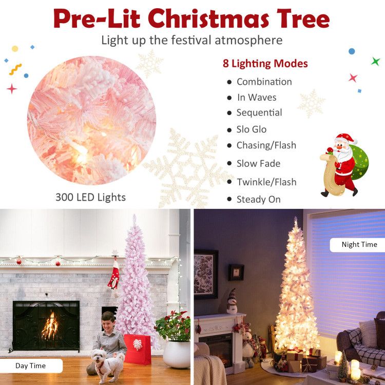 Pre-Lit Snow Flocked Hinged Pencil Christmas Tree