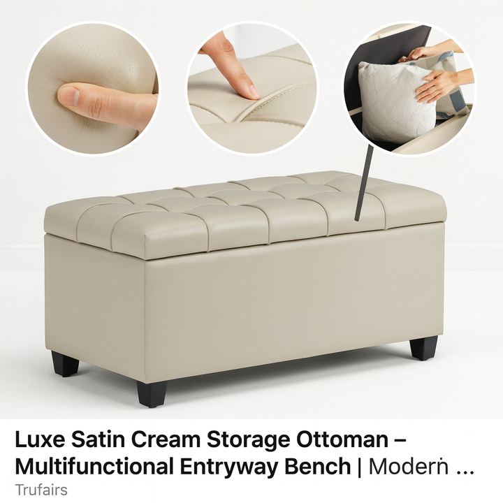 Luxe Satin Cream Storage Ottoman – Multifunctional Entryway Bench | Modern Accent Seat | Trufairs