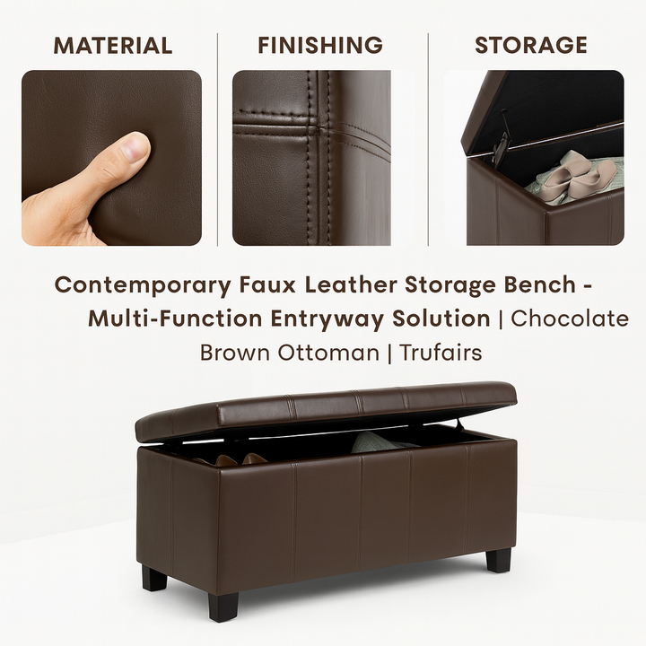 Contemporary Faux Leather Storage Bench – Multi-Function Entryway Solution | Chocolate Brown Ottoman | Trufairs