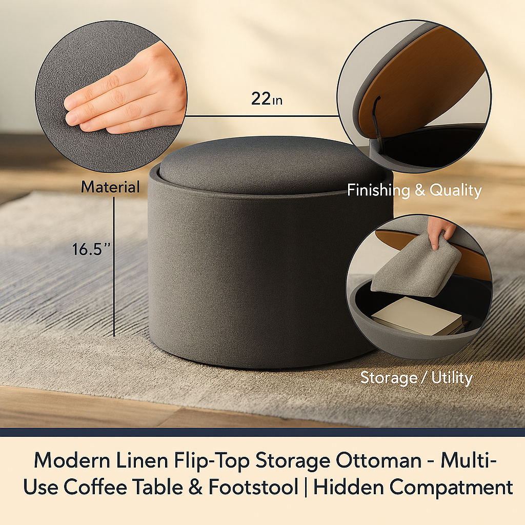 Modern Linen Flip-Top Storage Ottoman – Multi-Use Coffee Table & Footstool | Hidden Compartment | Trufairs