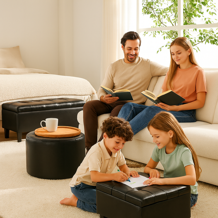 Tufted Vegan Leather Storage Ottoman Set – 3-in-1 Hidden Organizer | Midnight Black Bench | Trufairs
