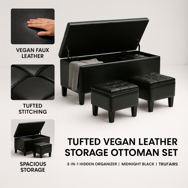 Tufted Vegan Leather Storage Ottoman Set – 3-in-1 Hidden Organizer | Midnight Black Bench | Trufairs