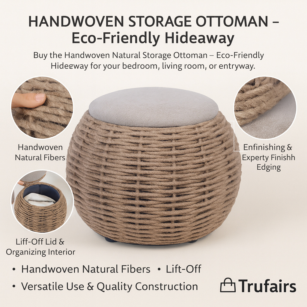 Handwoven  Storage Ottoman – Eco-Friendly Hideaway | Brown Accent Bench | Trufairs