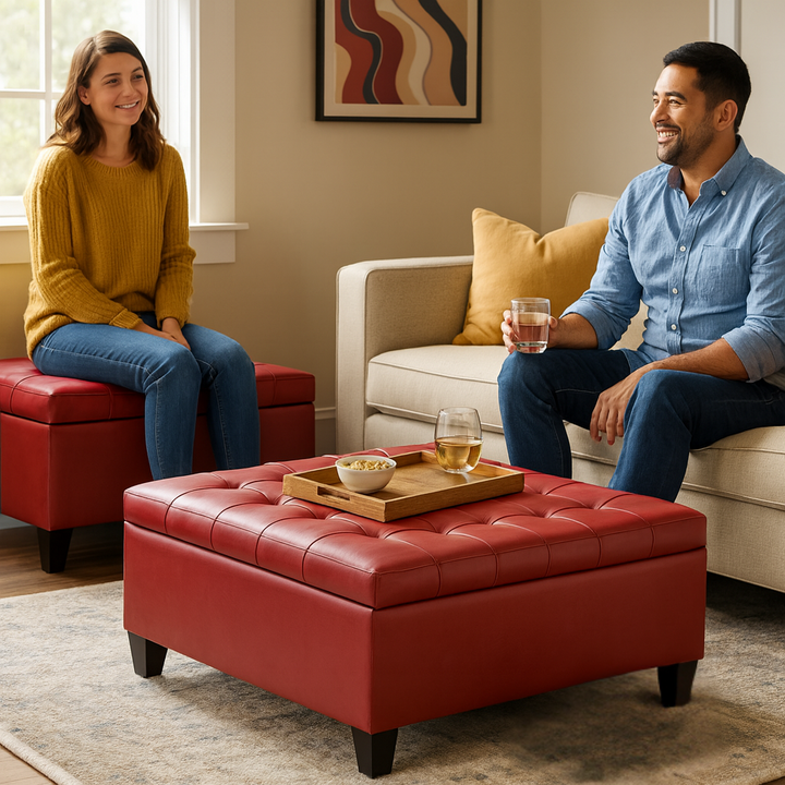Square Tufted Storage Ottoman Coffee Table – Split Lift Top Organizer | Crimson Red Faux Leather | Trufairs