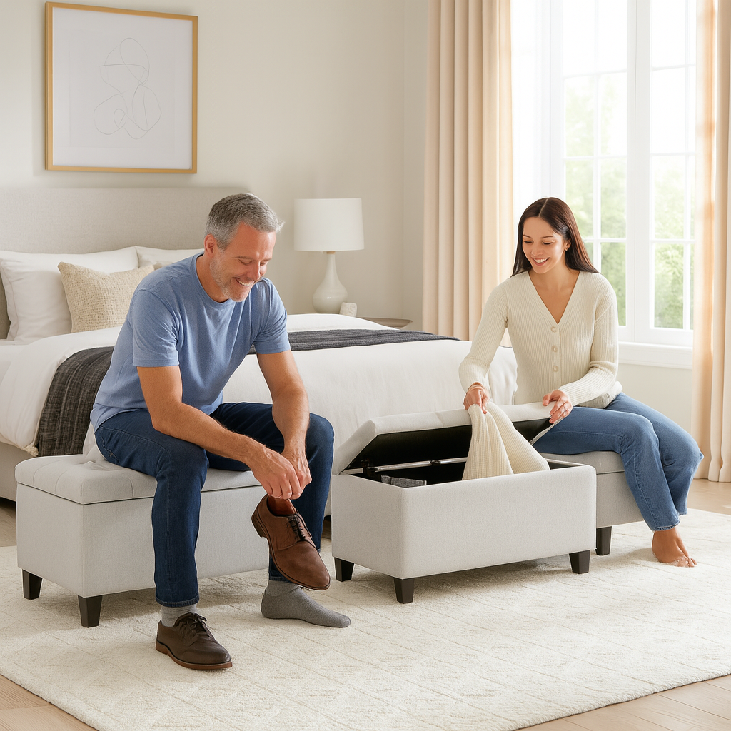 Modern Upholstered Storage Bench – Sleek Hidden Organizer | Light Grey Ottoman Bench | Trufairs