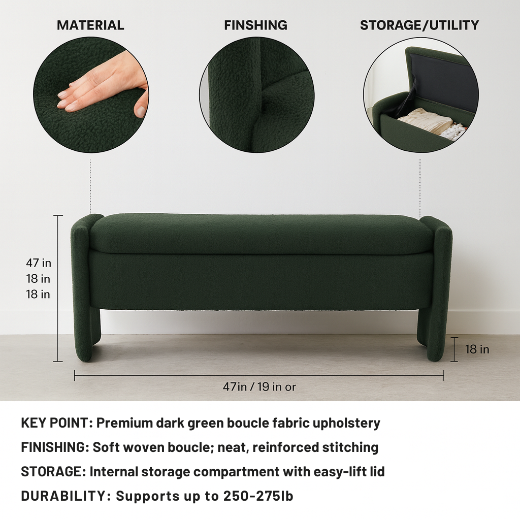 Grand Boucle Upholstered Storage Bench – Modern Hidden Organizer | Dark Green Long Ottoman | Trufairs