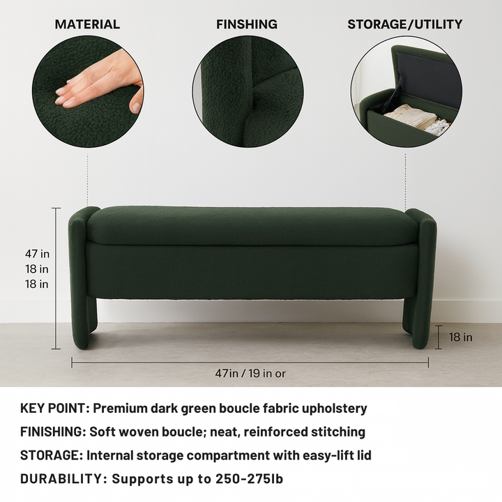Grand Boucle Upholstered Storage Bench – Modern Hidden Organizer | Dark Green Long Ottoman | Trufairs