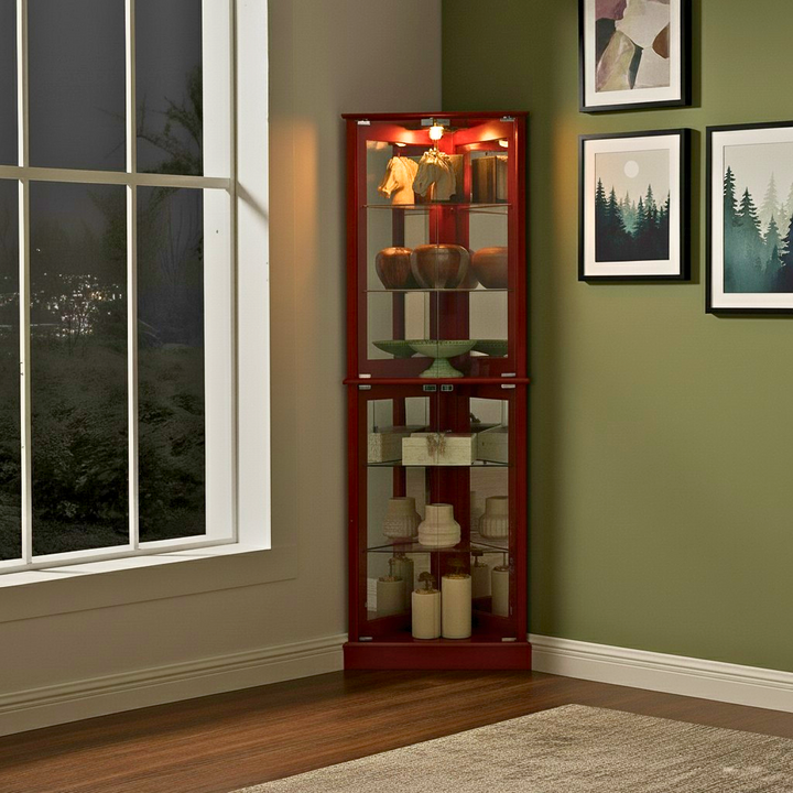 Corner Curio Dispaly Cabinet with Lights, Adjustable Tempered Glass Shelves, Mirrored Back,Cherry(E26 light bulb not included)