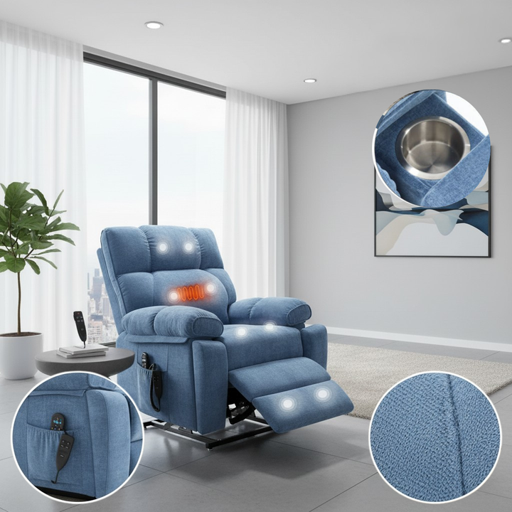 Blue Heat Massage Dual Motor Infinite Position Up to 350 LBS Large Electric Power Lift Recliners with Hidden Cup Holders, Power-Remote, Medium-firm and Heavy Duty