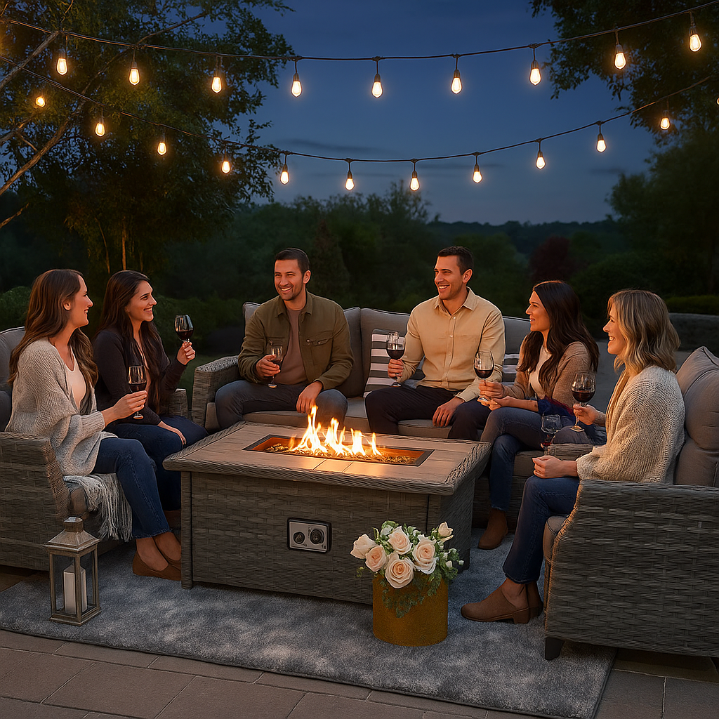 Contemporary Wicker Fire Pit Sectional – 5-Piece Patio Seating Set | Gray Cushions | Trufairs