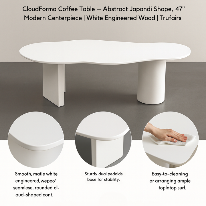 CloudForma Coffee Table – Abstract Japandi Shape, 47" Modern Centerpiece | White Engineered Wood | Trufairs